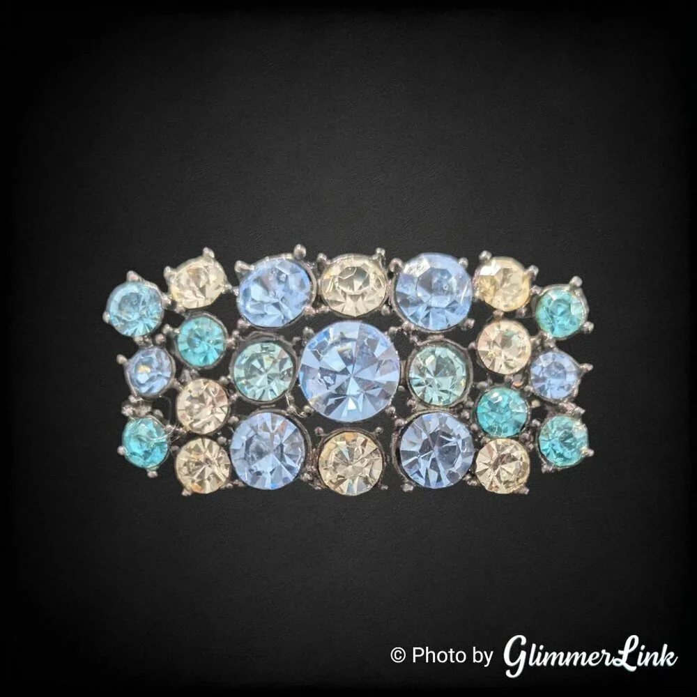 Vintage Blue Aqua Rhinestone Brooch Black Tone Pin